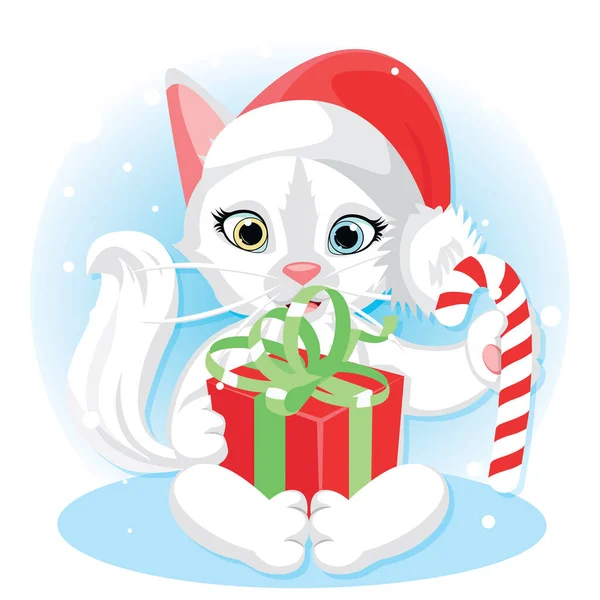 Noel ve yeni yıl kartı tasarımı için şeker ve hediye kutusuyla şirin kedi karikatürü çizimi.