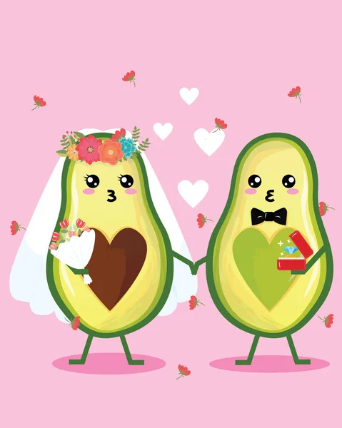 Hochzeitskarte Avocado Hochzeitseinladungskarte Niedliche Avocado Cartoon Illustration — Stockvektor