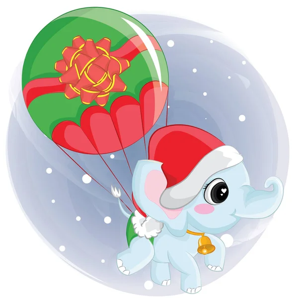 Noel balonunda uçan şirin bir fil. Noel günü için grafiksel öge, çocuk kitabı, albüm, hatıra defteri, kartpostal.