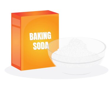 El işi kağıdında soda ve beyaz üzerine izole edilmiş bir bardak kabartma tozu. Beyaz arkaplanda bileşen vektör illüstrasyonu yapılıyor.