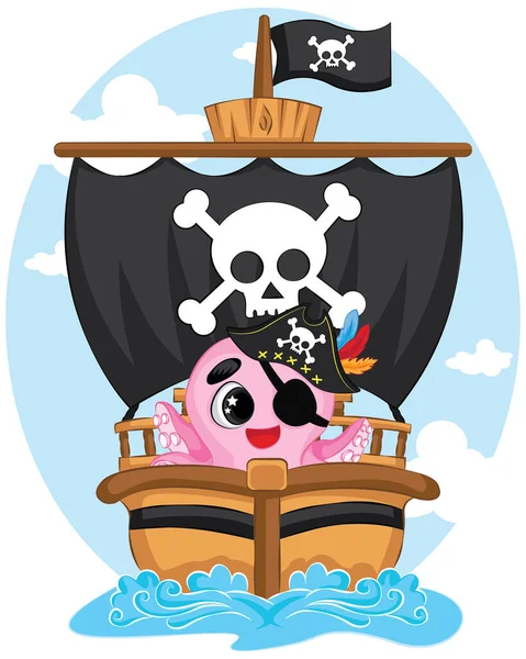 可爱的卡通粉色章鱼人物形象海盗与海盗船的眼罩 有趣的海洋珊瑚礁动物病媒图解 — 图库矢量图片