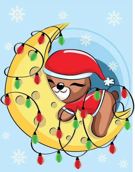 Şirin Noel Ayıcığı ay ışığında lambayla uyuyor. Şirin bir bebek ayının vektör çizimi.