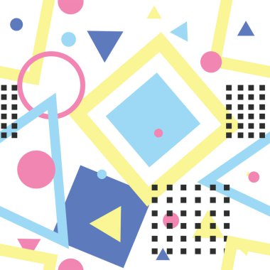 Şirin renk Memphis kusursuz desenli vektör çizimi. Geometrik şekilli vektör çizimi. Davetiye, broşür ve tanıtım şablonu için özgeçmiş tasarla.