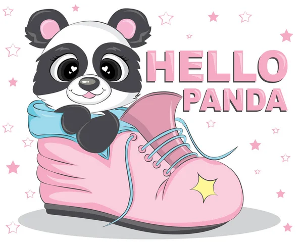 Hola Panda Boots Personaje Dibujos Animados Ilustración Vectorial Tarjeta Regalo — Vector de stock