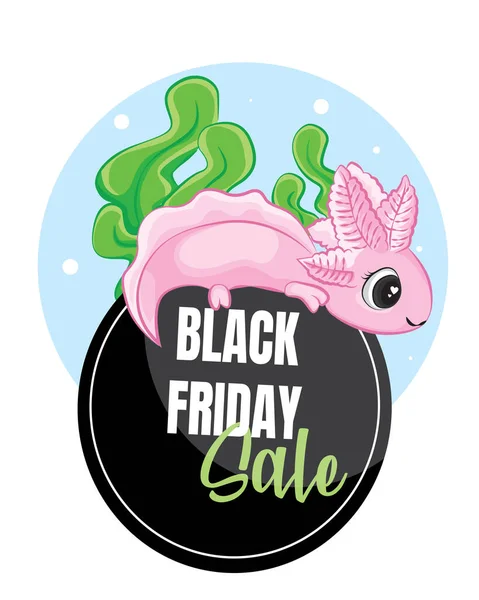 Cute Axolotl Ambystoma Mexicanum Στο Μαύρο Banner Ετικέτα Πώλησης Παρασκευή — Διανυσματικό Αρχείο