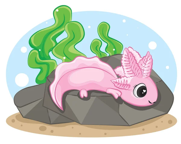 Lindo Axolotl Ambystoma Mexicanum Roca Fondo Azul Claro — Vector de stock