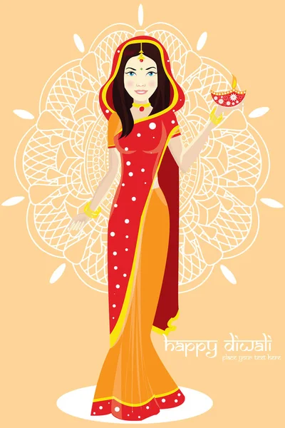 Retrato Una Mujer Sosteniendo Tradicional Diwali Tali Ofrenda Religiosa Sonriente — Vector de stock