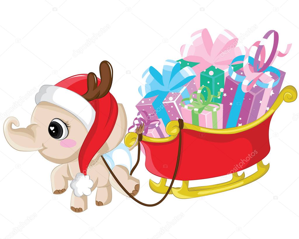 Merry Christmas and happy new year with cute elephant and gifts. Wildlife animal cartoon character in winter holidays vector.