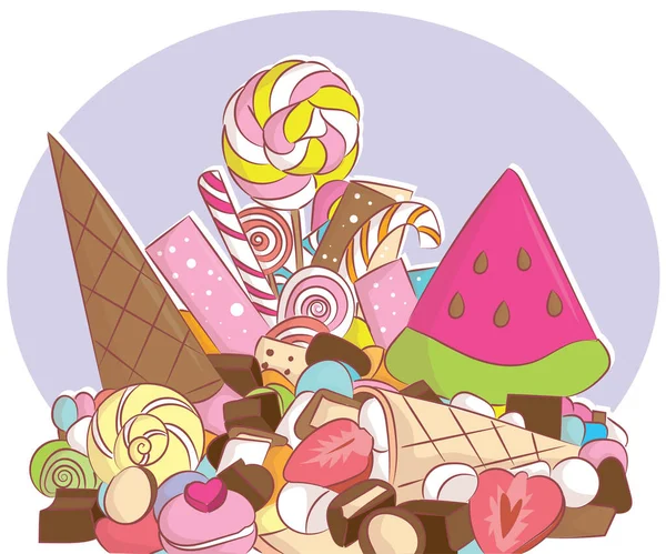 许多色彩艳丽的棒棒糖 甜甜的味道和水果放在盘子里 — 图库矢量图片