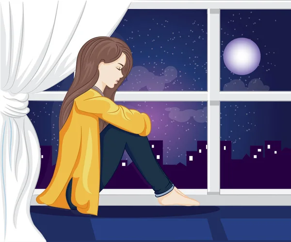 Lonely Girl Look Out Window Night Vector Illustration — Stock Vector
