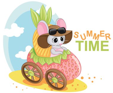 Çilekli arabadaki fare bebek, tatlı kız karakteri. Yaz zamanı harf metni.