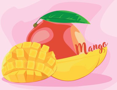 Pembe arka planda yapraklı mango meyve dilimleri