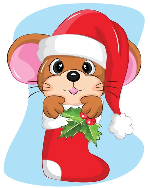 雪と雪の結晶とクリスマスソックスのかわいいマウス クリスマス 休日に関するイラスト — ストックベクタ