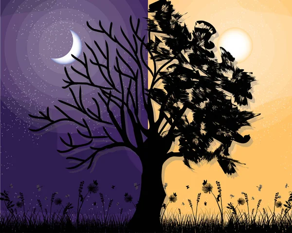 Gündüz ve gece düz vektör ağaç manzarası, meteoroloji uygulaması için vektör kavramı. Manzara doğa gündüz ve gece illüstrasyonu