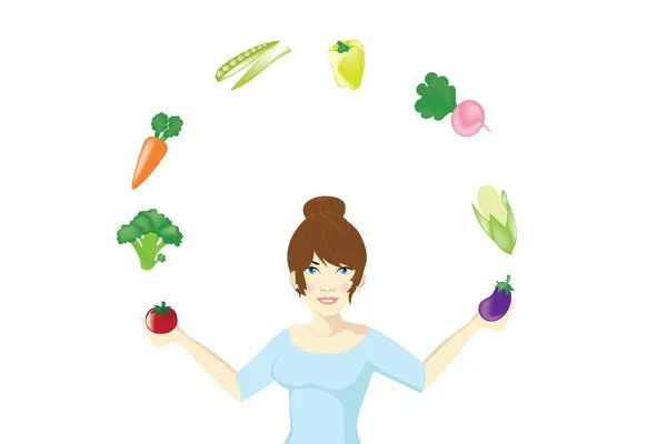 Femme Est Amour Des Légumes Souriant Sur Fond Blanc Alimentation — Image vectorielle
