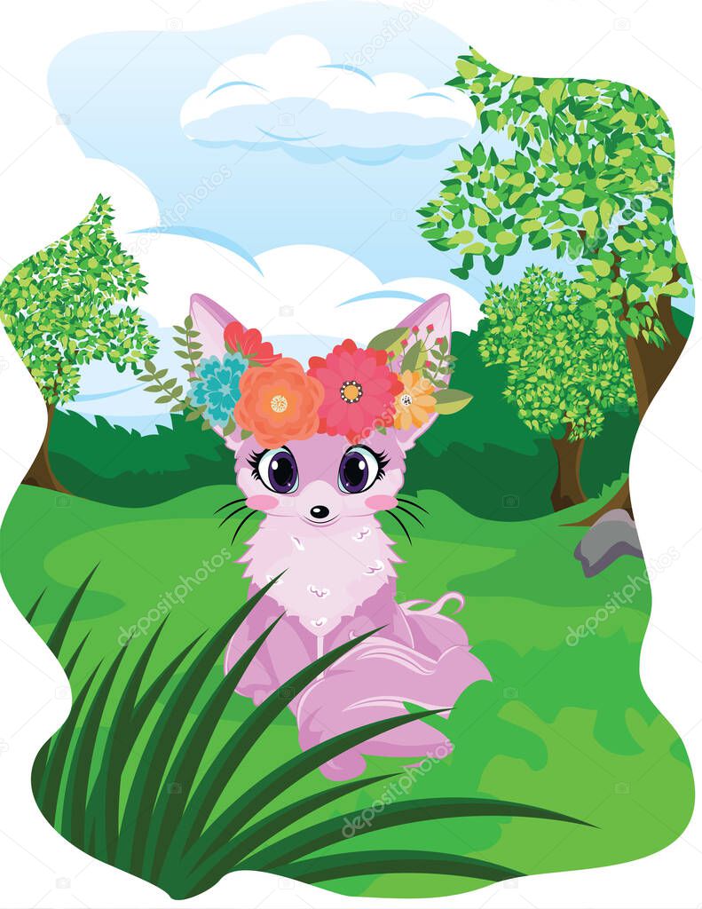 cute baby fox wolf smile happy in romantic spring forest jungle background pattern vector hand draw doodle art invitation