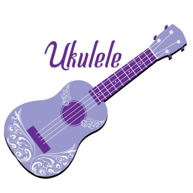 Hawaii Ulusal Müzik Enstrümanı. Beyaz arkaplanda modern mor ukulele, vektör illüstrasyonu.