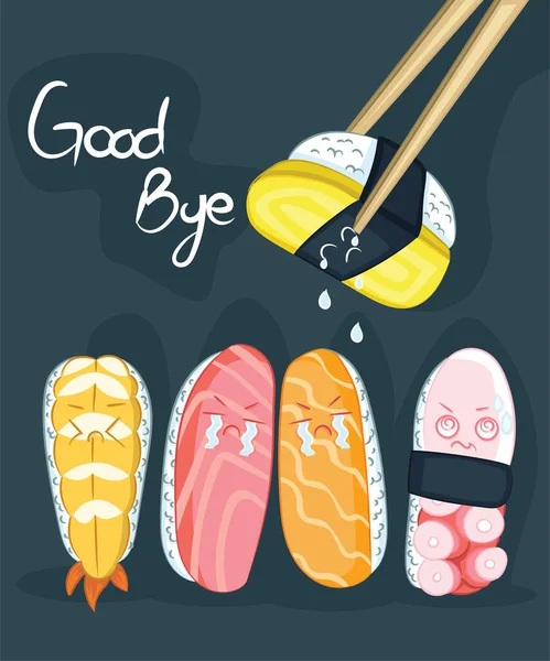 Vaarwel Sushi Poster Design Met Vector Sushi Karakter Chinees Woord — Stockvector