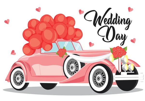 Invitación Boda Con Coche Retro Recién Casado Globos Blancos Vector — Archivo Imágenes Vectoriales