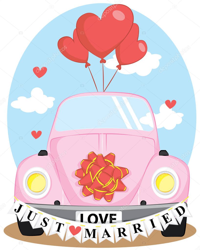 Valentine's Day illustration with red heart-shaped balloons and pink car