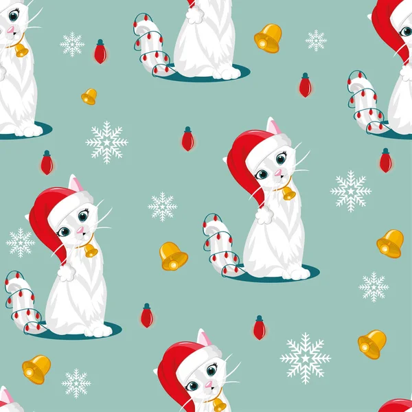 Patrón Sin Costuras Para Gatos Navidad Vector Dibujos Animados Santa — Vector de stock