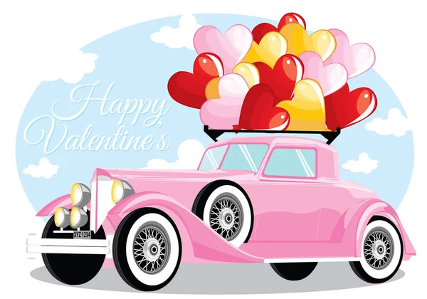Šťastný Valentýn Růžovým Svatebním Autem Balónem Lásky Šťastný Valentýn Přání — Stockový vektor