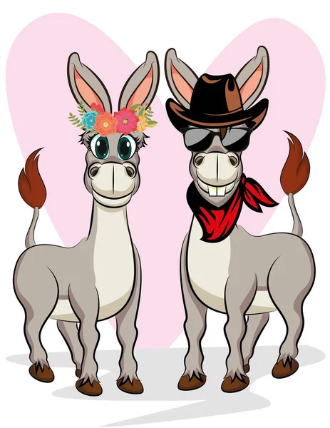 Bonito Casal Animal Desenho Animado Burro Para Cartão Dia Dos — Vetor de Stock