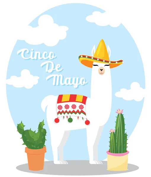 Cinco Mayo Greeting Card Cute Llama Wearing Sombrero Vector Hand — Stock Vector