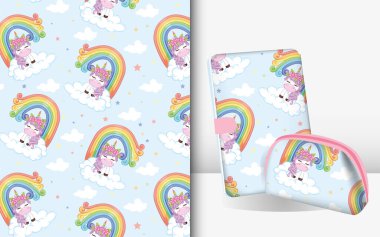 Model kitabı ve kesesi olan şirin tek boynuzlu atlar. Gökkuşağı ve bulutlu sevimli sihirli tek boynuzlu at..