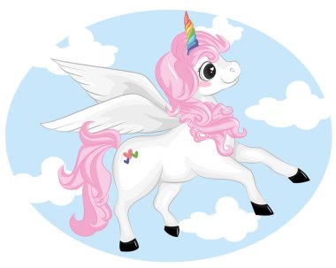 Bulutların üzerindeki güzel tek boynuzlu at çizgi filmi. Çocuklar için tasarım. Kıyafetler için modern tarzda moda çizimi. Kız baskısı. Güzel bulut, tek boynuzlu at.