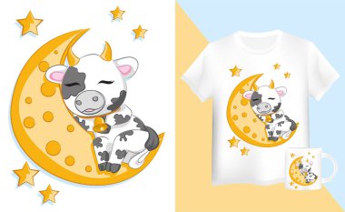 Çocuklar için fincanlar ve tişörtler. Tatlı Çizgi Film Boğa Ay 'da uyuyor.