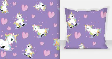 Şirin Tek Boynuzlu At Kusursuz Şekil Vektör İllüstrasyonu Mor Arkaplan