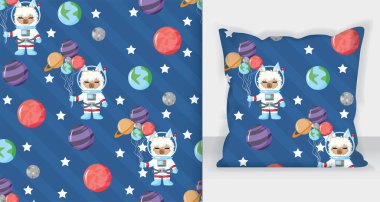 Gezegen ile uzayda kusursuz desenli sevimli lama astronotları. Vektör el çizimi illüstrasyon. Kusursuz desen.
