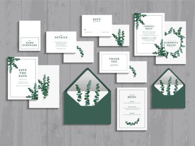 Düğün okaliptüs yaprakları ve düz vektör tarzında dallarla ayarlandı. Gümüş dolar okaliptüs ağacı yaprağı seti, doğal tohumlu, gunni. Davetiye kartı, davetiye, davetiye, teşekkürler, tarih ve menü kartını kaydedin..