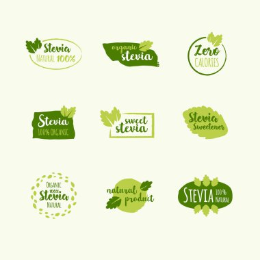 Tasarım elementleri, logo dizayn şablonu, tatlandırıcı stevia içeren simgeler ve rozetler. Etiket vektör kümesi.