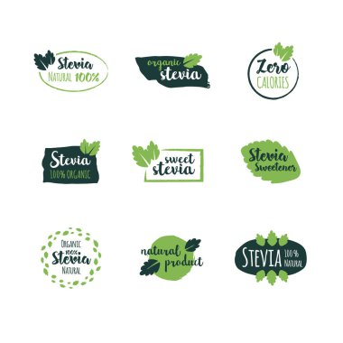 Tasarım elementleri, logo dizayn şablonu, tatlandırıcı stevia içeren simgeler ve rozetler. Etiket vektör kümesi.