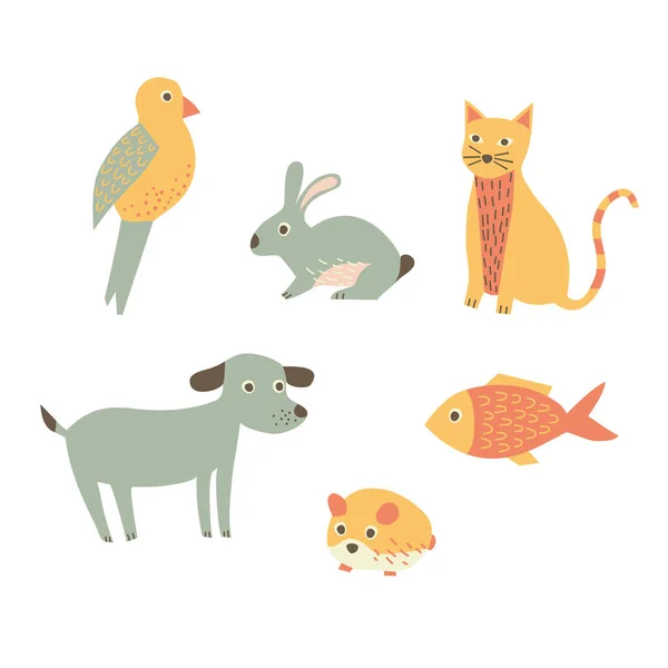 Animals Icons Parrot Rabbit Cat Dog Hamster Fish — Stock Vector