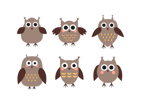 Set Vector Illustration Brown Cartoon Happy Owls White Background Funny — Stock Vector