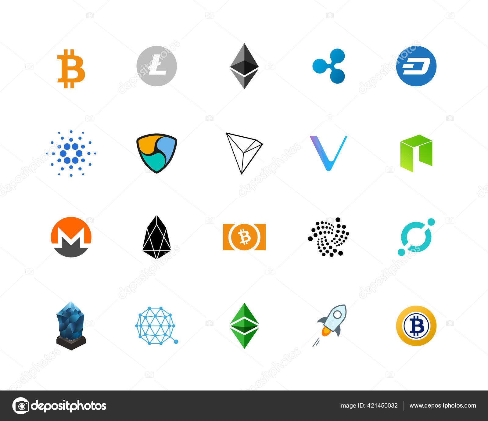 20最も人気のある暗号通貨ロゴセット ビットコイン ライトコイン エテリアム リップルなど カラフルなアイコンセット ストックベクター ©V3rc4  421450032