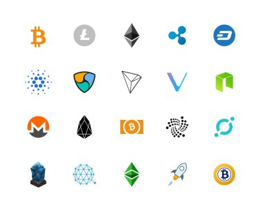 En popüler 20 kripto para birimi logosu - bitcoin, litekoin, ethereum, dalgalanma ve diğerleri. Renkli simge seti.