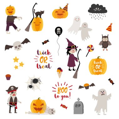 Cadılar Bayramı tasarım elemanları nesneler, işaretler, öğeler, semboller ve çizgi film karakterleri. Vektör illüstrasyonu.