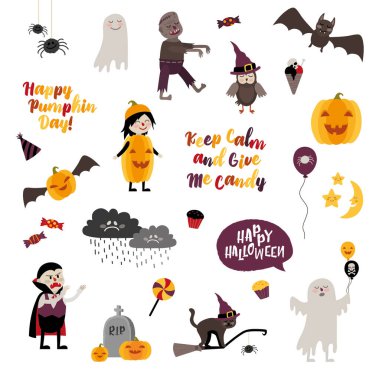 Cadılar Bayramı tasarım elemanları nesneler, işaretler, öğeler, semboller ve çizgi film karakterleri. Vektör illüstrasyonu.