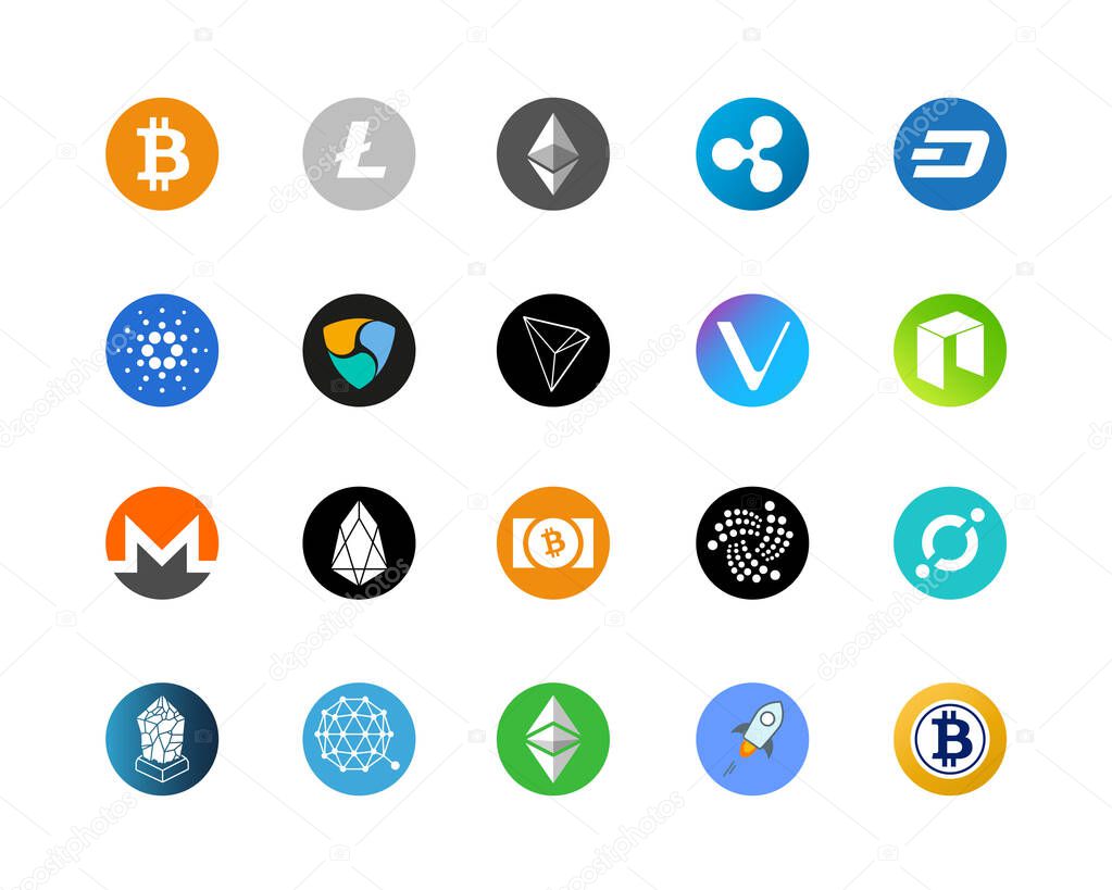 20 most popular cryptocurrency logo set - bitcoin, litecoin, ethereum, ripple and other.