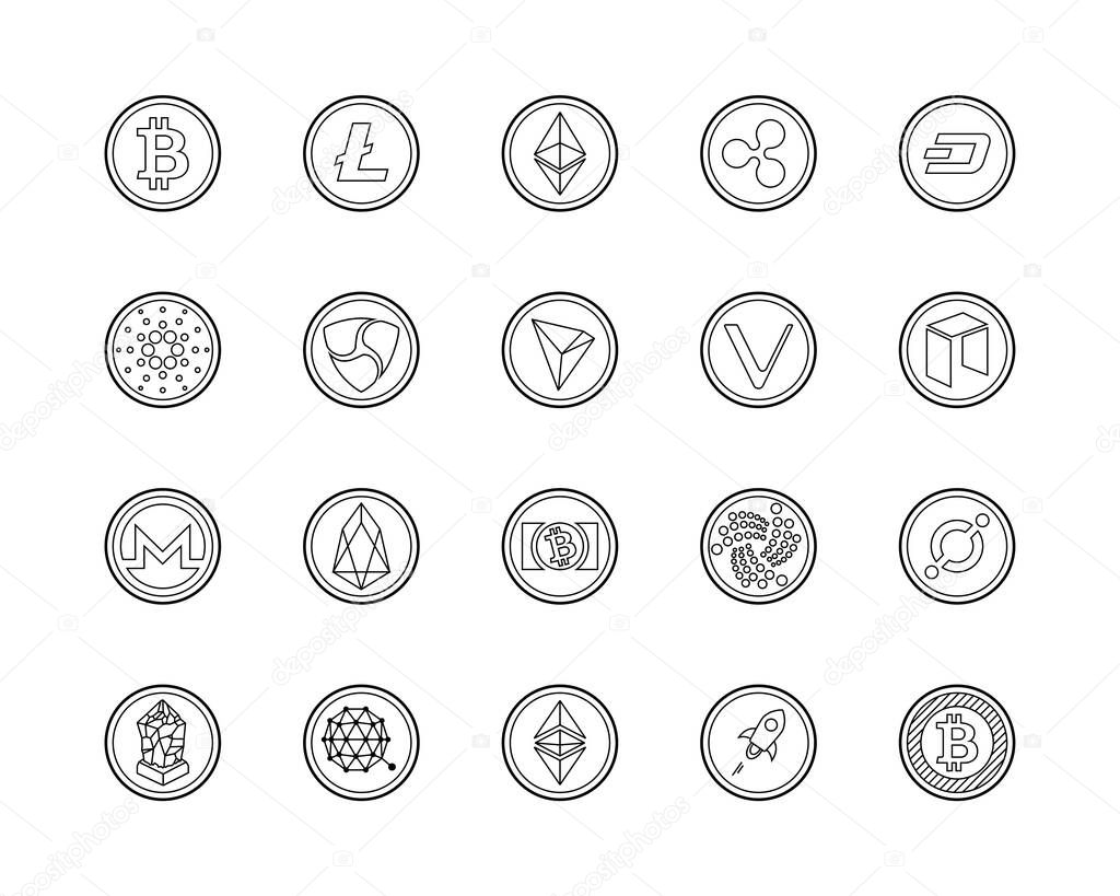 20 most popular cryptocurrency logo set - bitcoin, litecoin, ethereum, ripple and other. Line icon set.