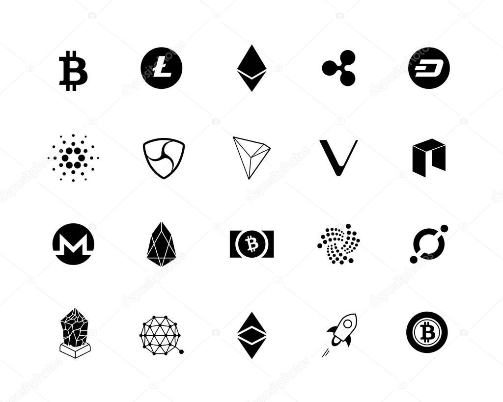 20 most popular cryptocurrency logo set - bitcoin, litecoin, ethereum, ripple and other. Black icon set.