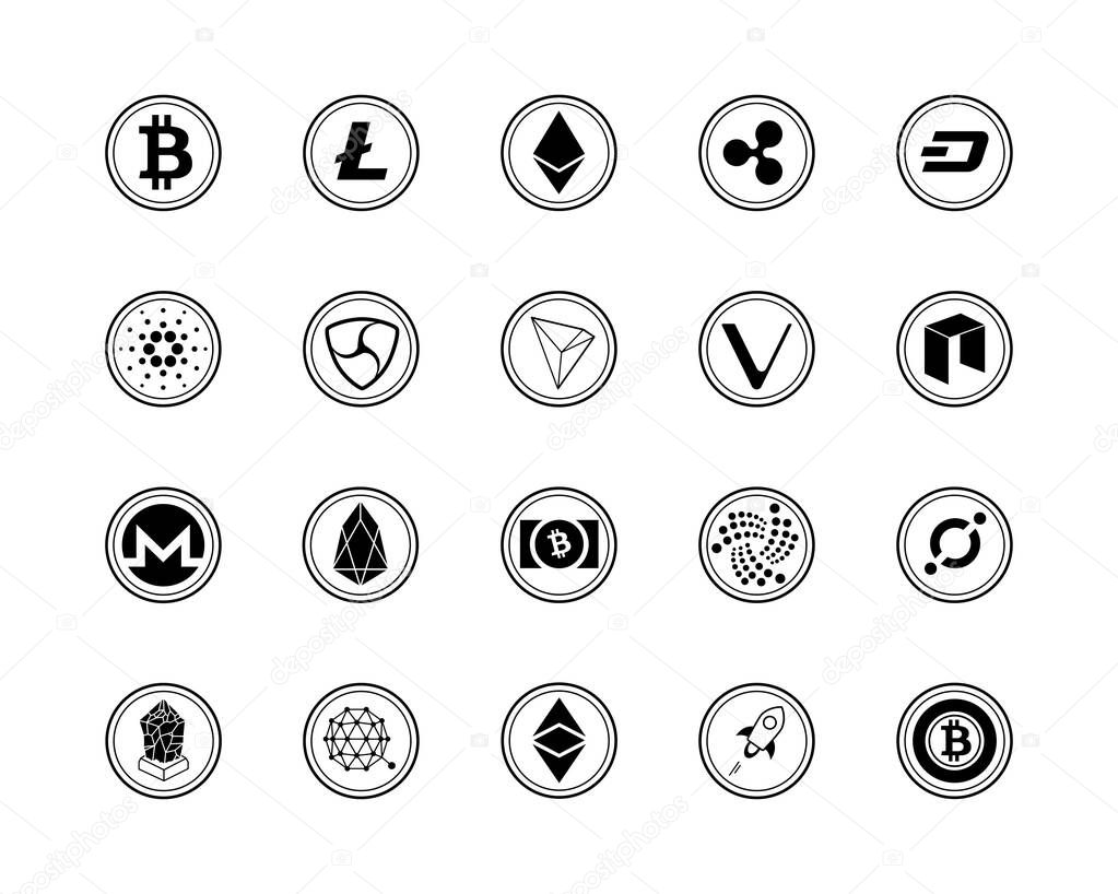 20 most popular cryptocurrency logo set - bitcoin, litecoin, ethereum, ripple and other. Black icon set.