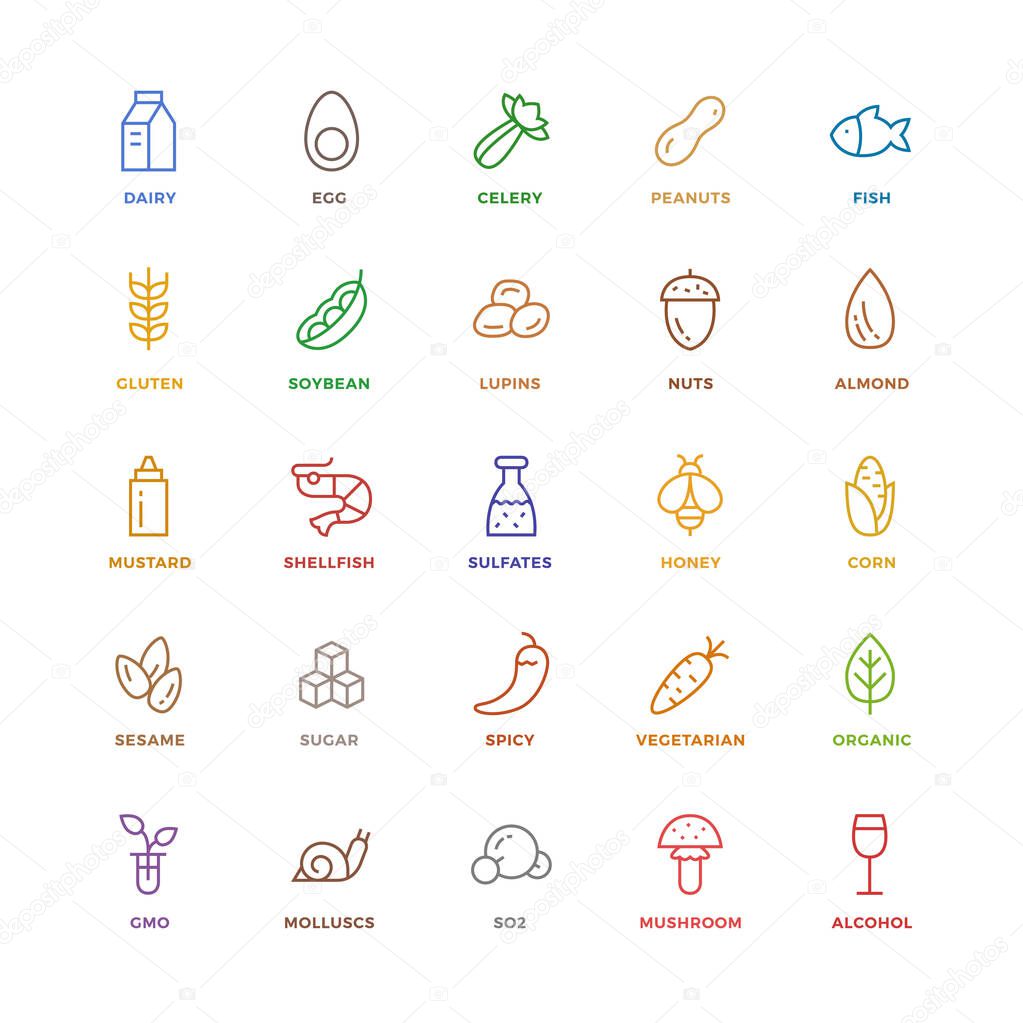 25 basic allergens and diet line icons set.