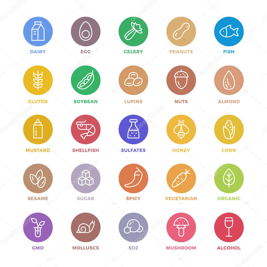 25 basic colorful allergens and diet line icons set. Isolated on white background.