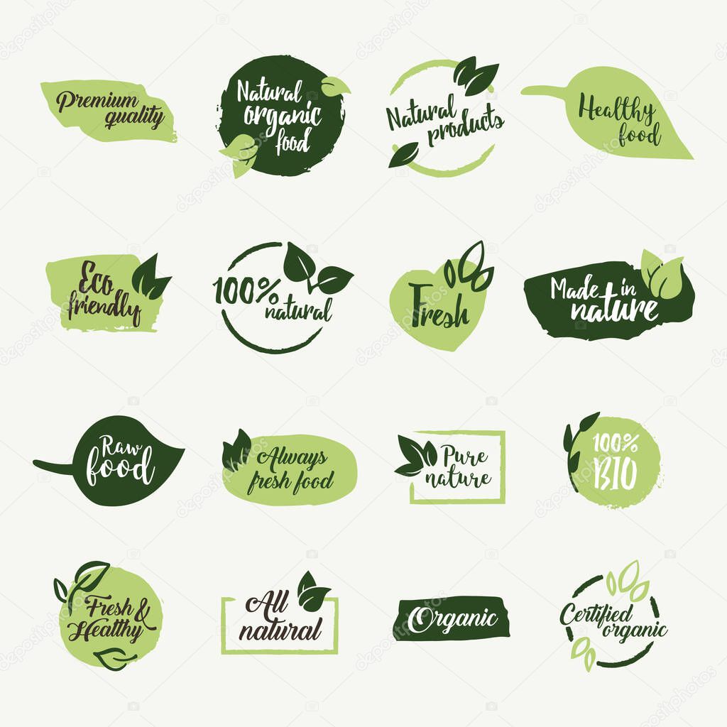 Set of green bio, ecology, organic logos and icons, labels, tags and elements.