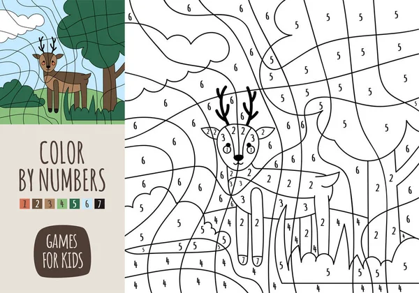 子供のためのゲームのベクトル漫画スタイルのイラスト 子供のための視覚教育ゲーム 色は数字で 森の動物たち — ストックベクタ